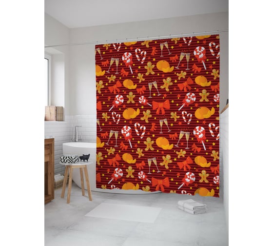 Изображение товара Штора для ванной JOYARTY "новогодний уют" из сатена, 180x200 см с крючками sc_419870