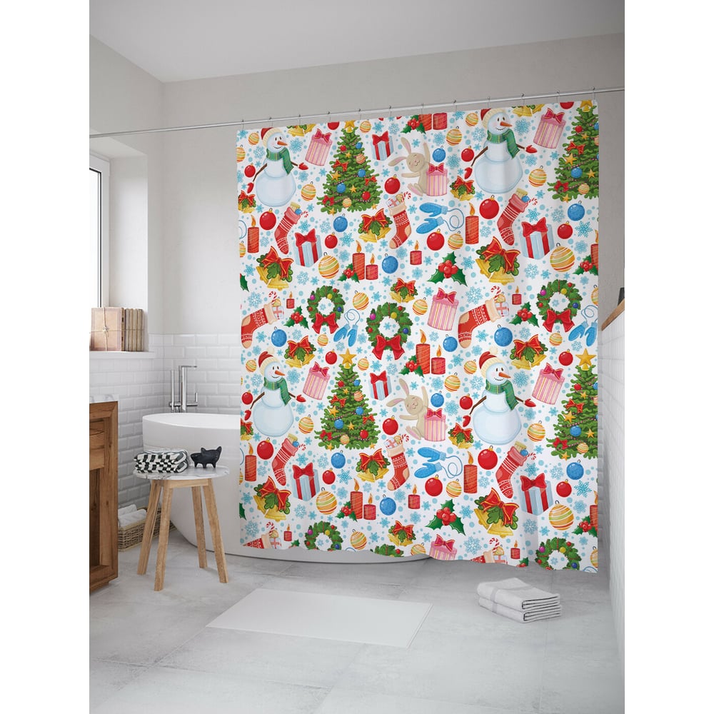 Изображение товара Штора для ванной JOYARTY новогодние снеговики 180x200 см