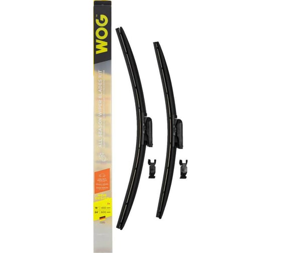 Изображение товара Комплект всесезонных бескаркасных бесшумных щеток стеклоочистителя 2 шт, 600/24"+450/18" с креплением "hook"+vatl5.1 WOG WGC1417
