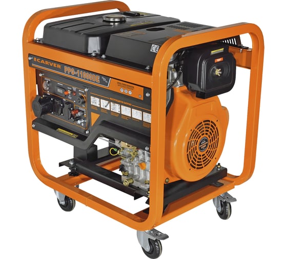 Изображение товара Генератор CARVER PPG-11000DE дизель, LT-1100F, 8,5/9,5 кВт, 220 В, бак 20л, э/старт, колеса, медь 01.020.00025