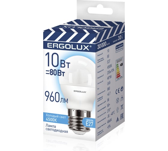 Изображение товара Светодиодная лампа Ergolux LED-G45-10W-E27-4K (Шар 10Вт E27 4500K 220-240В ПРОМО) 14546