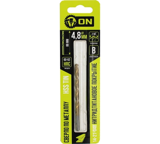Изображение товара Сверло по металлу HSS TIN 4.8x86 мм, нитридтитановое покрытие On 14-21-048