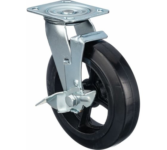 Изображение товара Колесо поворотное с боковым тормозом (200 мм; игольчатый подшипник; грузоподъемность 240 кг; чугун; резина) СТЕЛЛА-ТЕХНИК N29200B1