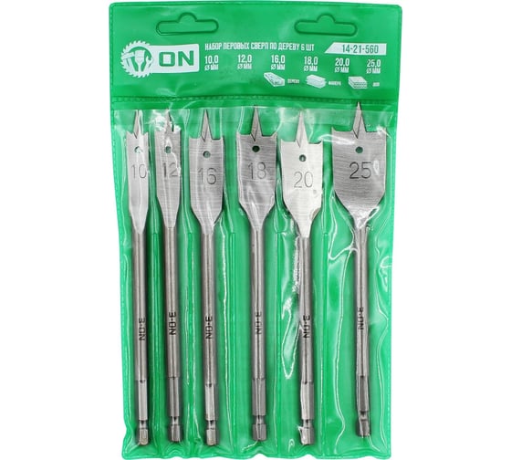 Изображение товара Набор сверл перьевых по дереву 6 шт, 10, 12, 16, 18, 20, 25 мм, шестигранный хвостовик On 14-21-560
