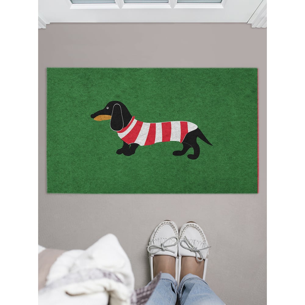 Изображение товара Придверный коврик JOYARTY такса в полосатой футболке 45x75 см