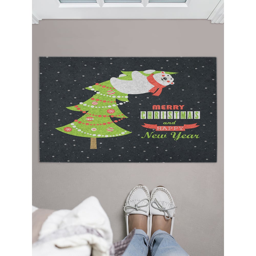 Изображение товара Придверный коврик в прихожую с принтом Мишка на елке 45x75 см JOYARTY