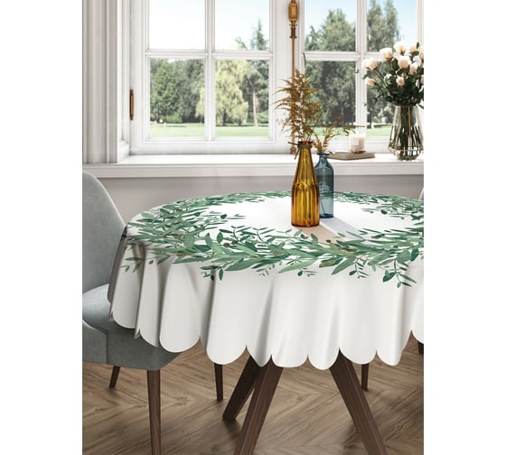 Изображение товара Круглая тканевая скатерть на стол JOYARTY с рисунком "летний венок из зелени" 150х150 см rtcf01_378310_150x150