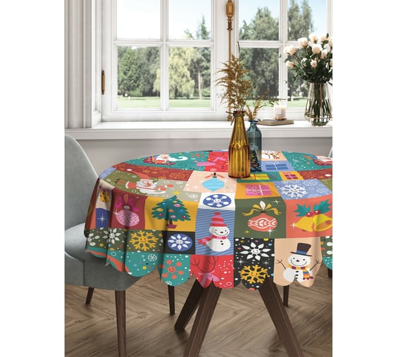 Изображение товара Круглая тканевая скатерть на стол JOYARTY с рисунком "встречай новый год" 150х150 см rtcf01_20058_150x150
