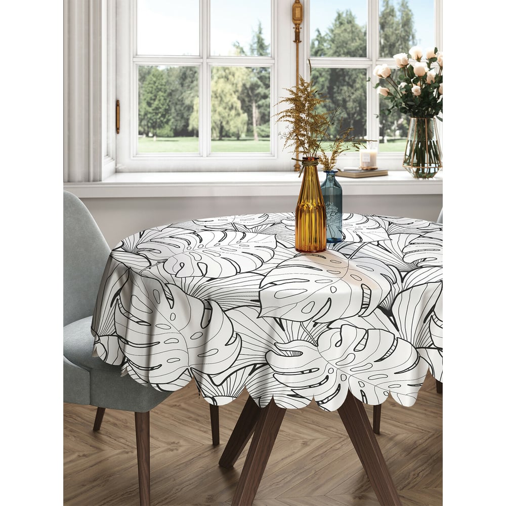 Изображение товара Круглая тканевая скатерть JOYARTY 150х150 см черно-белые тропики сатен современная