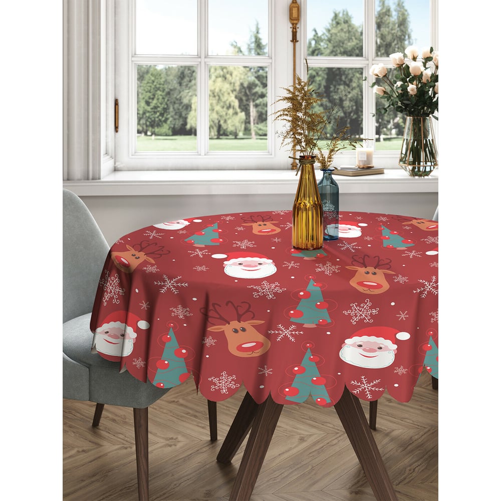 Изображение товара Круглая тканевая скатерть JOYARTY 150х150 см с рисунком снежинка и санта для новогоднего стола