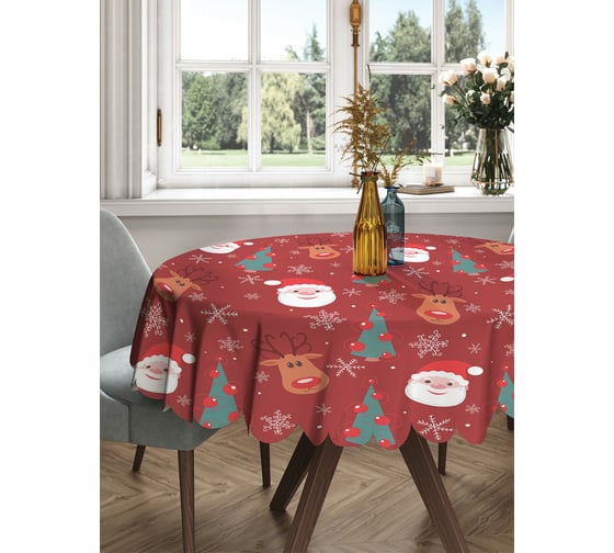 Изображение товара Круглая тканевая скатерть на стол JOYARTY с рисунком "санта в снежинках" 150х150 см rtcf01_52793_150x150