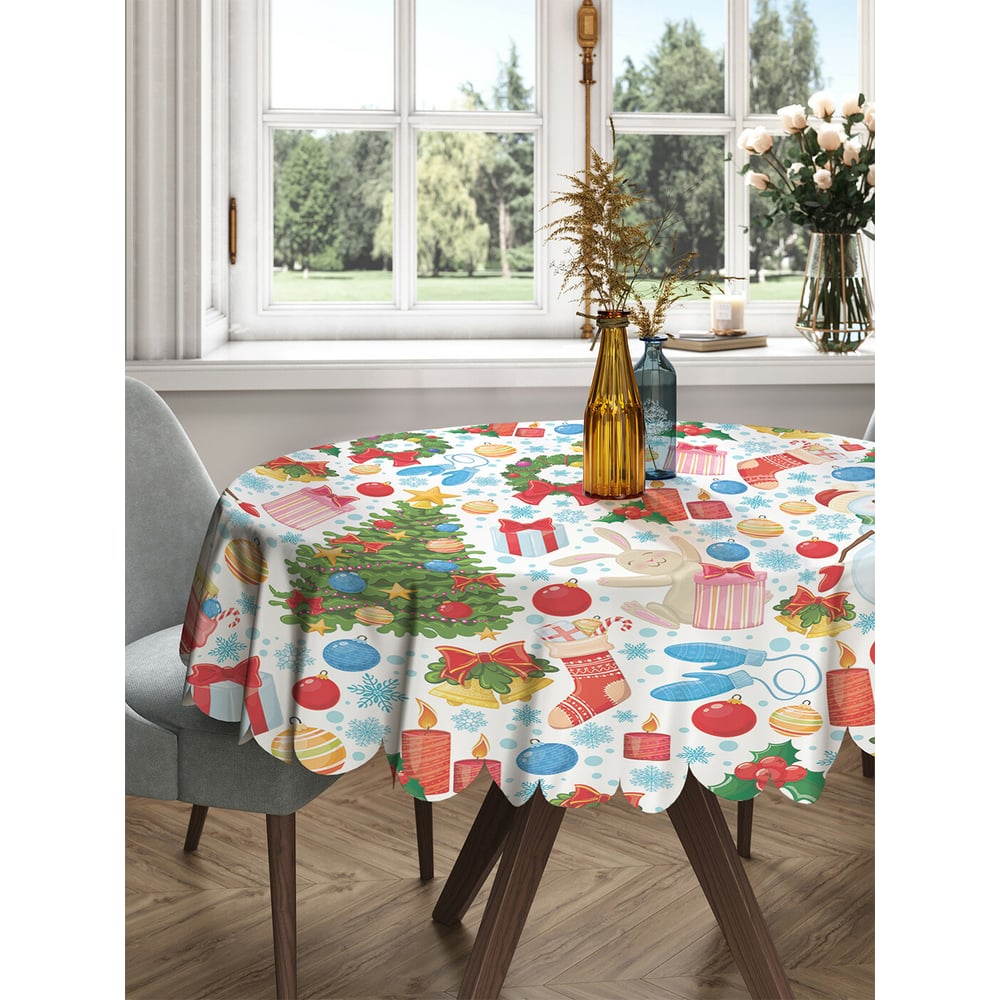 Изображение товара Круглая тканевая скатерть на стол JOYARTY новогодние снеговики 150х150 см