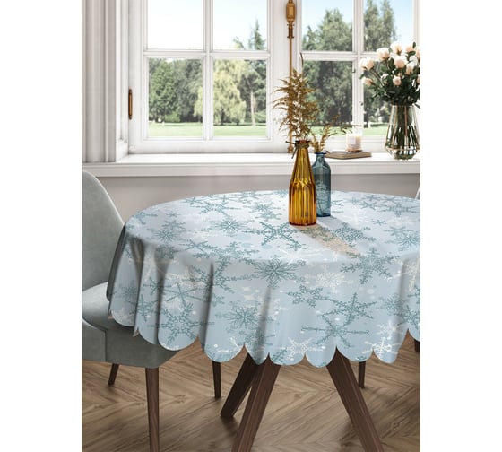 Изображение товара Круглая тканевая скатерть на стол JOYARTY с рисунком "иней снежинок" 150х150 см rtcf01_419800_150x150