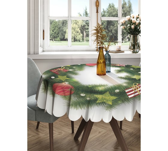 Изображение товара Круглая тканевая скатерть на стол JOYARTY с рисунком "новогодний венок" 150х150 см rtcf01_419791_150x150