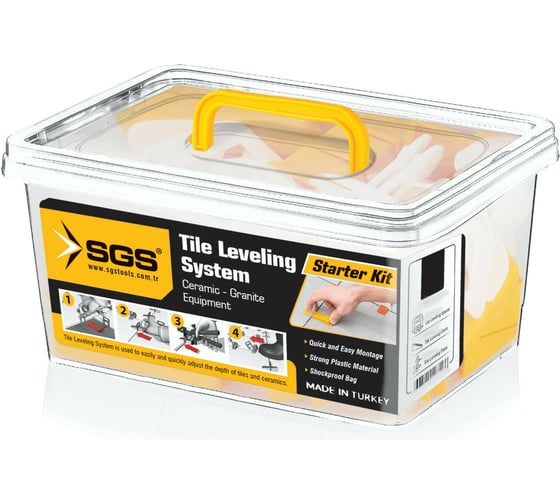 Изображение товара Набор системы выравнивания плитки (стойки 150 шт, 1 мм, клинья 50 шт, щипцы, контейнер) SGS 6316SGS