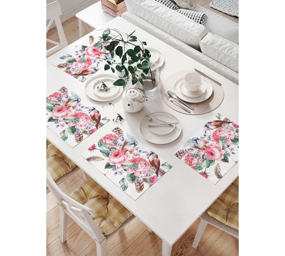 Изображение товара Комплект тканевых салфеток для сервировки стола JOYARTY "птицы в пионах", 32x46 см, 4 шт. np_30008