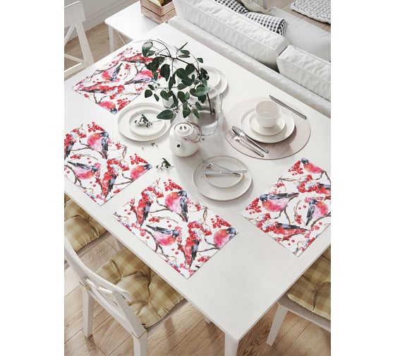 Изображение товара Комплект тканевых салфеток для сервировки стола JOYARTY "снегири на ветках", 32x46 см, 4 шт. np_31524