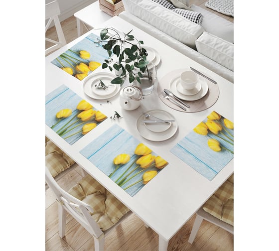 Изображение товара Комплект тканевых салфеток для сервировки стола JOYARTY "желтые тюльпаны на деревянных досках", 32x46 см, 4 шт. np_59399