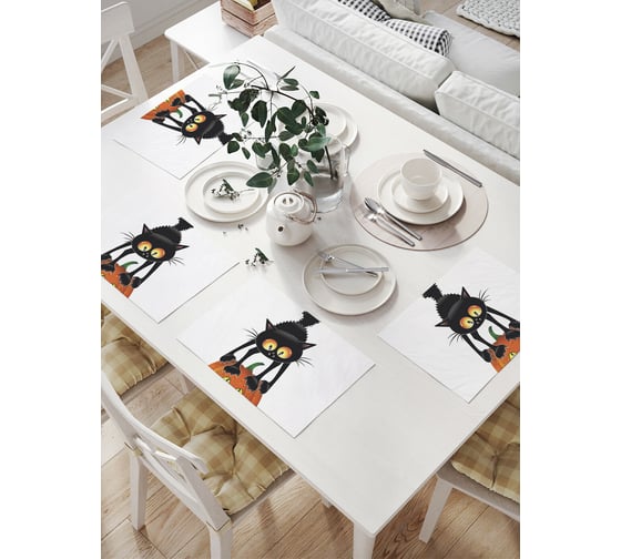 Изображение товара Комплект тканевых салфеток для сервировки стола JOYARTY "кот на тыкве", 32x46 см, 4 шт. np_18809