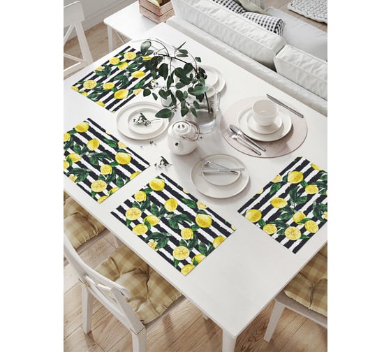 Изображение товара Комплект тканевых салфеток для сервировки стола JOYARTY "лимоны на полосах", 32x46 см, 4 шт. np_31919
