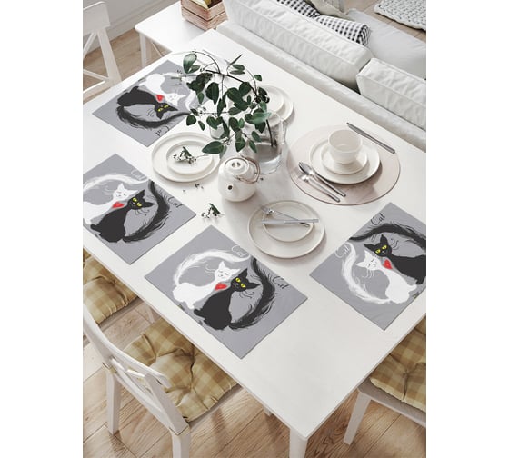 Изображение товара Комплект тканевых салфеток для сервировки стола JOYARTY "коты и обглоданные косточки", 32x46 см, 4 шт. np_52764