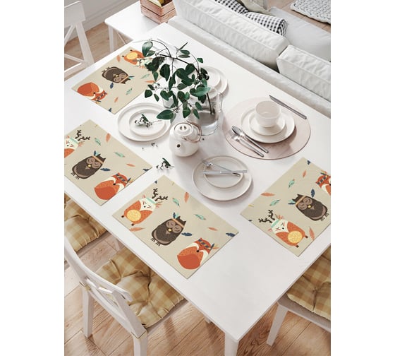 Изображение товара Комплект тканевых салфеток для сервировки стола JOYARTY "сова, олень и лиса", 32x46 см, 4 шт. np_52900