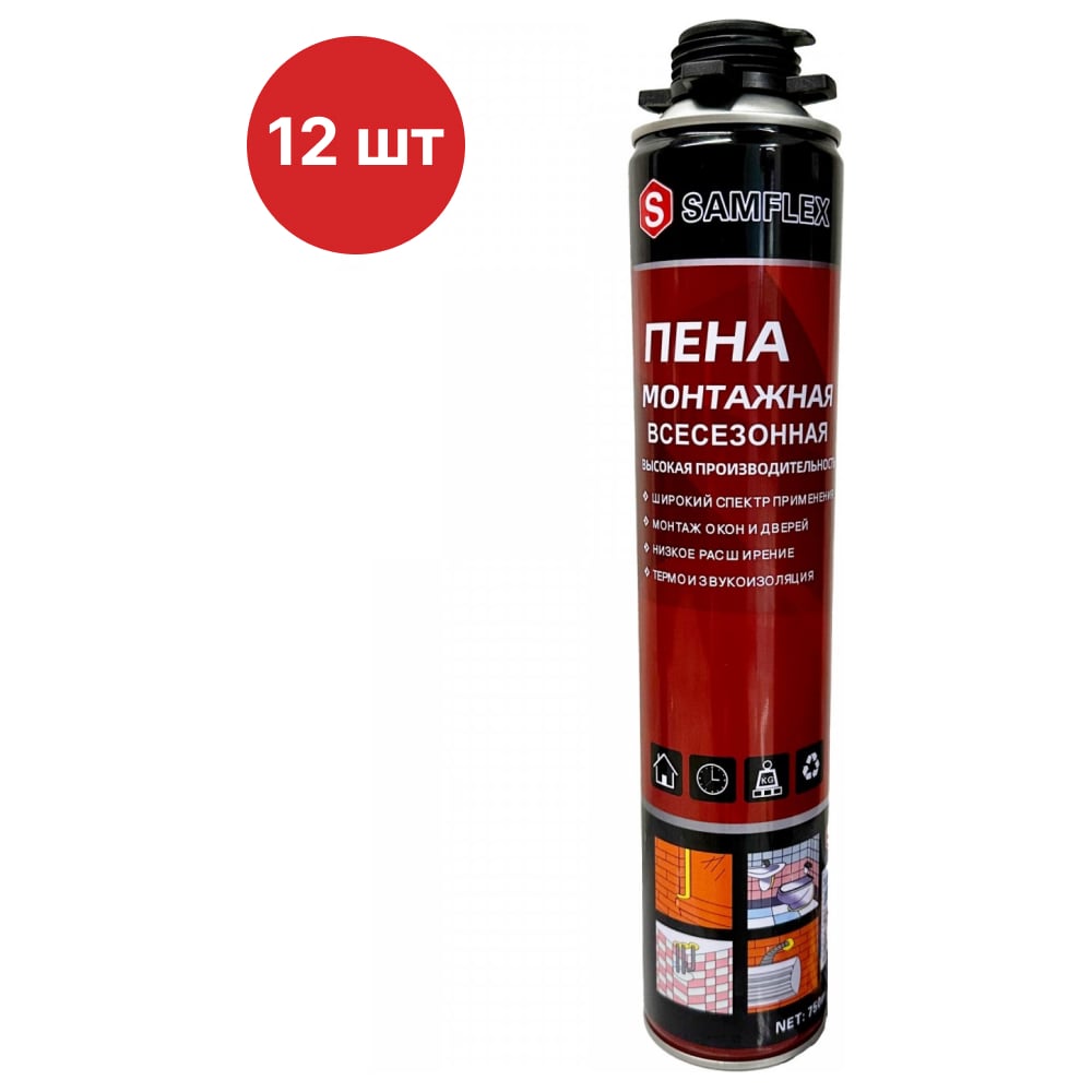 Изображение товара Монтажная пена SAMGRUPP профессиональная + аппликатор всесезонная, 1000 мл 12 шт SAMC-043109075-12