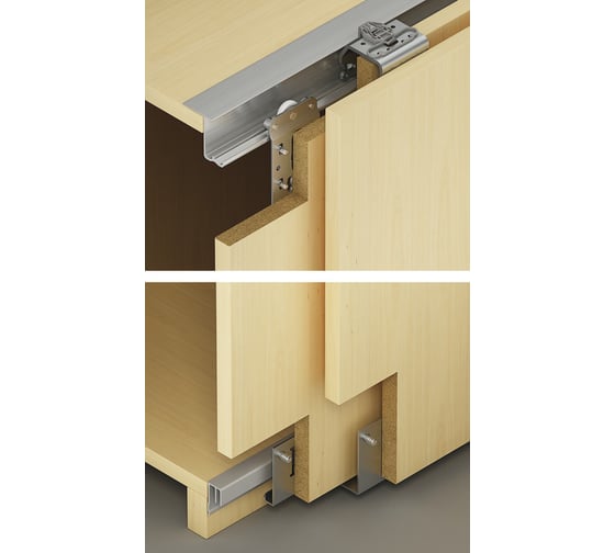 Изображение товара Комплект фурнитуры Hafele Slido F-Line41 35A 2 двери нижний профиль в торец 402.36.000