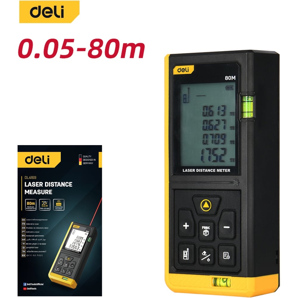 Изображение товара Лазерный дальномер DELI DL4169, диапазон 0,05-80 м, точность ±3 мм 102962