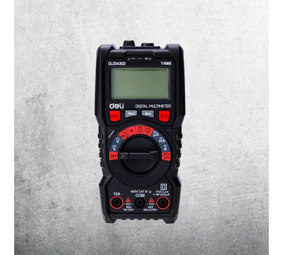 Изображение товара Универсальный цифровой мультиметр DELI DL334302 (напряжение 0,2-600В,AC/DC, ЖК-дисплей, 2х1,5В ААА) 102977