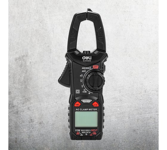 Изображение товара Токоизмерительные цифровые клещи DELI DL334203, раскрытие клещей 30 мм, CAT III 600В, 600А, 40 мОм 102980