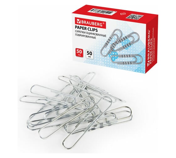 Изображение товара Скрепки большие, 50 мм, BRAUBERG, оцинкованные, гофрированные, в картонной коробке 10 упаковок по 50 шт 270446