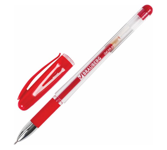 Изображение товара Гелевая ручка с грипом BRAUBERG Geller красная, игольчатый узел 0,5 мм, линия письма 0,35 мм 141181