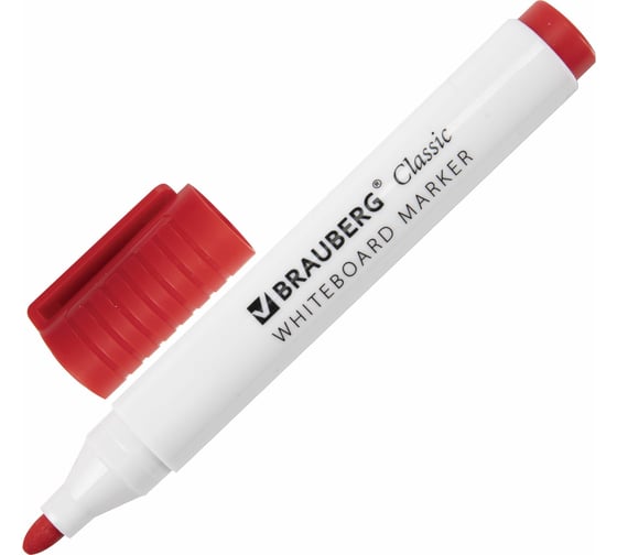 Изображение товара Маркер для белой доски Classic стираемый BRAUBERG, красный, 3 мм, с клипом 12 шт 152114