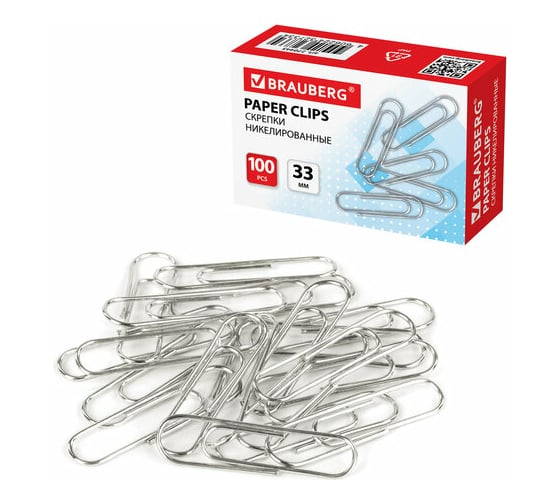 Изображение товара Скрепки BRAUBERG 33 мм, никелированные, 100 шт., в картонной коробке 270443