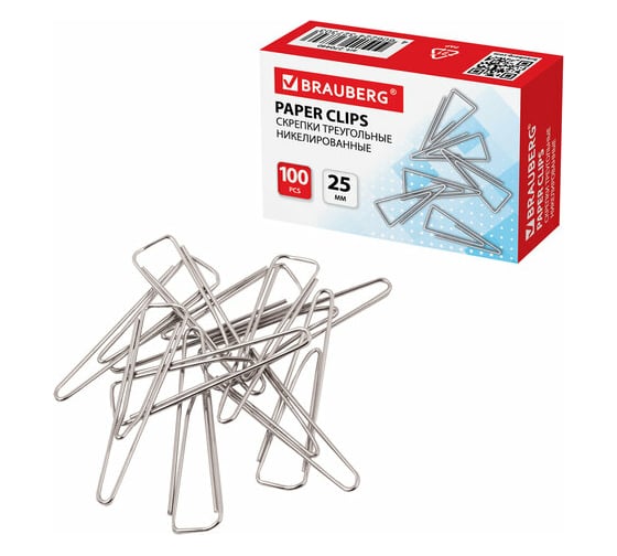 Изображение товара Скрепки BRAUBERG 25 мм, никелированные, треугольные, 100 шт., в картонной коробке 270440