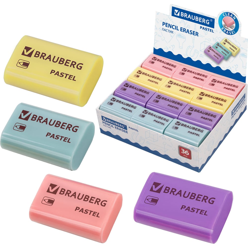 Изображение товара Ластик Pastel BRAUBERG 37x24x11 мм ассорти пастельных цветов экологичный Изображение товара Ластик Pastel BRAUBERG 37x24x11 мм ассорти пастельных цветов экологичный