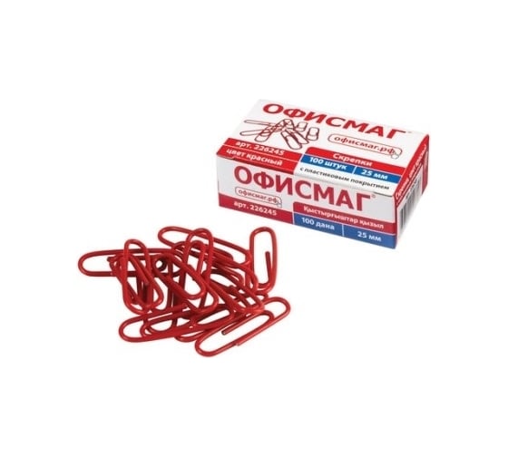 Изображение товара Скрепки ОФИСМАГ 25 мм, красные, 100 шт, в картонной коробке 226245