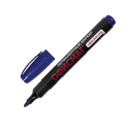 Изображение товара Перманентный маркер нестираемый ОФИСМАГ, синий, круглый наконечник, 2.5-4 мм, с клипом 12 шт 151198