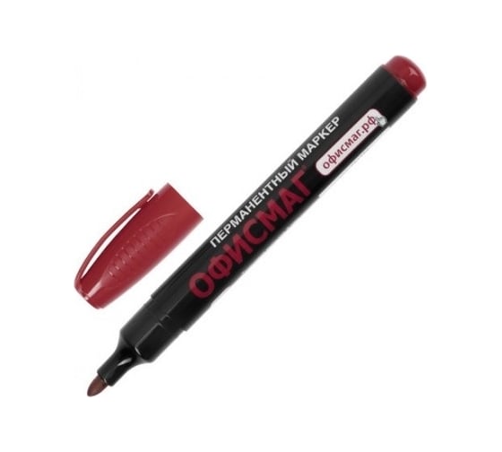Изображение товара Перманентный маркер ОФИСМАГ нестираемый, красный, круглый наконечник, 2.5-4 мм, с клипом 151199