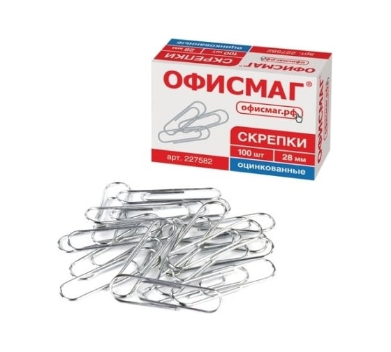 Изображение товара Скрепки 28 мм ОФИСМАГ, оцинкованные, в картонной коробке 10 упаковок по 100 шт 227582