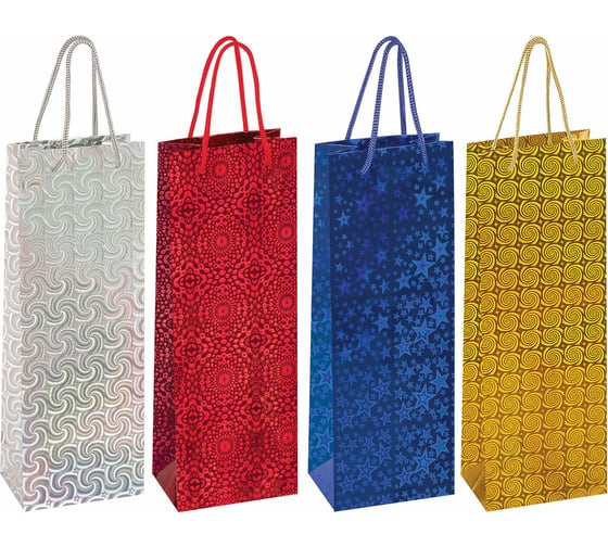 Изображение товара Подарочный пакет для бутылки Золотая сказка голография 130x85x360 мм, ассорти 4 цвета 606608