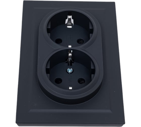 Изображение товара 2-местная розетка IEK Brite рсш12-3-брг с заземлением, с защитными шторками, 16А, в сборе, графит BR-R24-16-K53-F