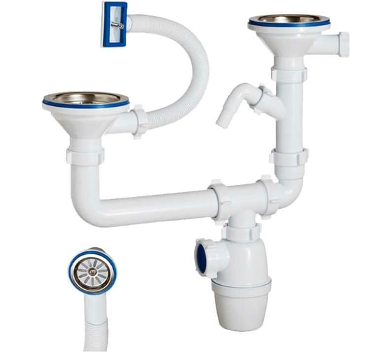 Изображение товара Двойной бутылочный сифон ORIO разноуровневый 3 1/2x40, с одним отводом и переливом универсальный перелив К-40093