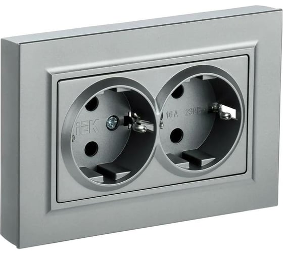 Изображение товара 2-местная розетка IEK Brite рс12-3-бра с заземлением, без защитных шторок, 16А, в сборе, алюминий BR-R21-16-K47-F