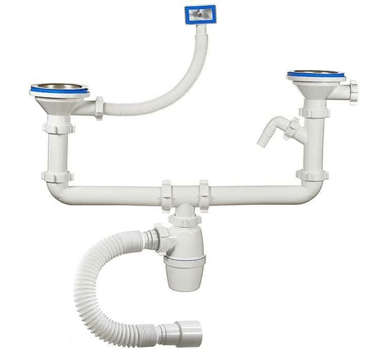 Изображение товара Двойной бутылочный сифон ORIO 3 1/2x40, с одним отводом, с переливом и гибкой трубой 40-40/50 А-40092