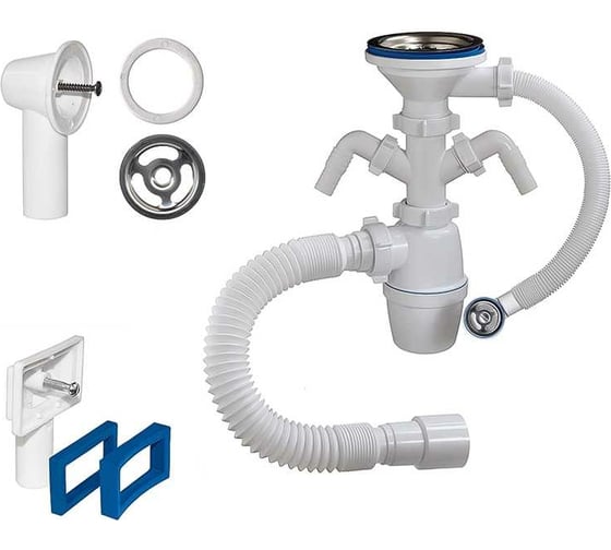 Изображение товара Бутылочный сифон ORIO 3 1/2x40, с двумя отводами, переливом прямоугольным и круглым и гибкой трубой 40-40/50 Б-45139