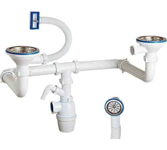 Изображение товара Двойной бутылочный сифон ORIO одноуровневый 3 1/2x40, со смещенными сливами, одним отводом и переливом универсальный перелив К-43592