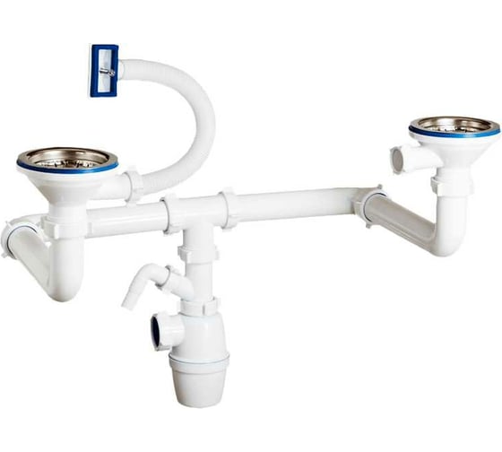 Изображение товара Двойной бутылочный сифон ORIO разноуровневый 3 1/2x40, со смещенными сливами, одним отводом и переливом универсальный перелив А-43592