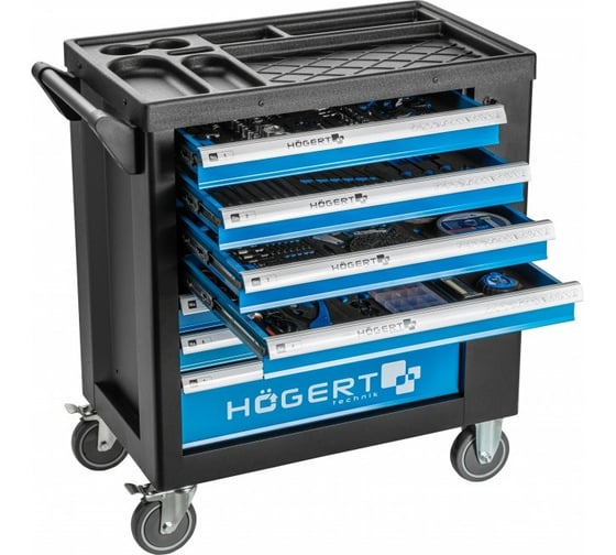 Изображение товара Инструментальная тележка HOEGERT TECHNIK 7 ящиков, боковое отделение, 544 инструмента HT7G050